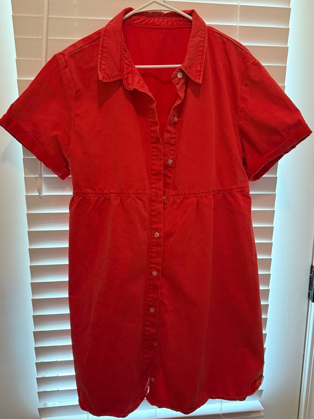 Red Button Front Shirt Dress Short Sleeve Tiered Back